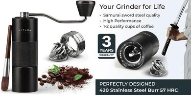 Alpaca Ventures Conical Burr Coffee Grinder: Adjustable, Double-Bearing, for Home & Travel
