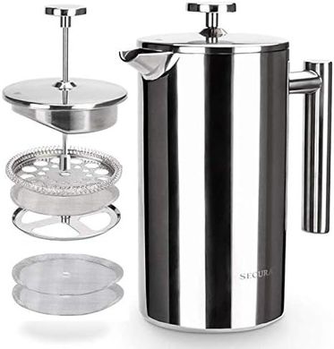 Secura Insulated Stainless Steel French Press (34oz, 2 Screens)
