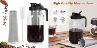 Cold Brew Coffee Maker: 64oz Mason Jar Pitcher with Filter & Lid
