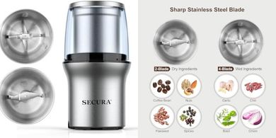 Secura Electric Grinder: Coffee & Spice, Dual Stainless Steel Blades
