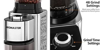 Aromaster Electric Conical Burr Grinder: 48 Grind Settings, 40-Second Timer
